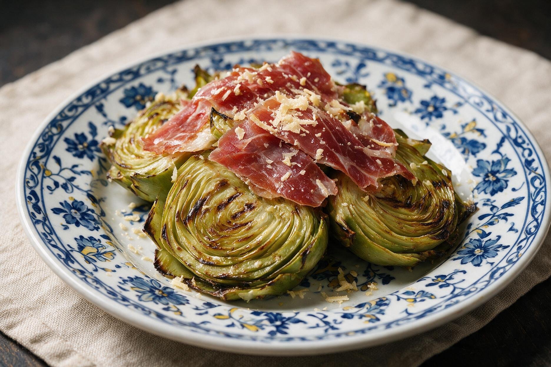 Alcachofas a la brasa con jamón serrano y parmesano