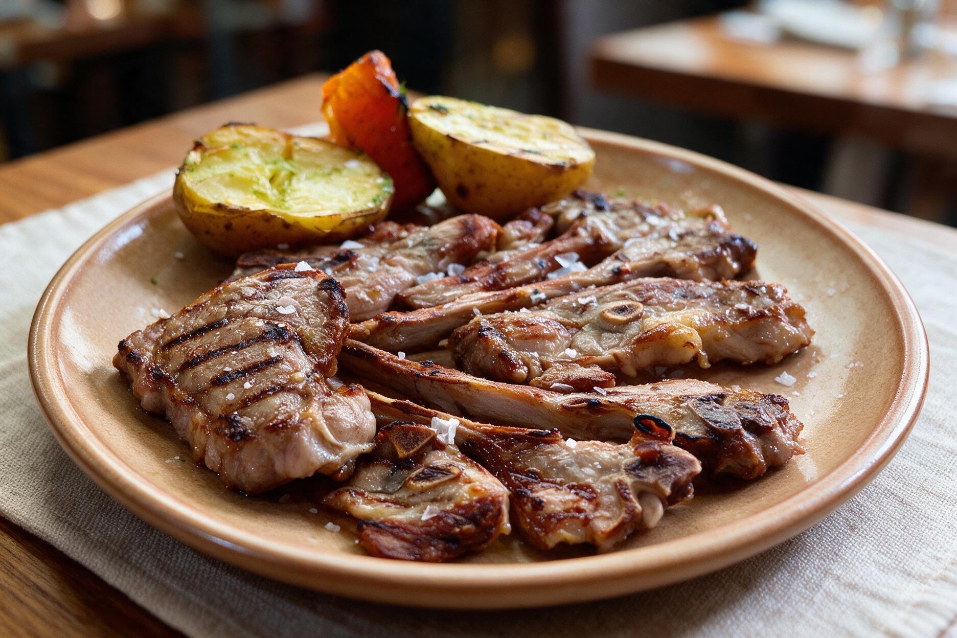 Chuletillas de cordero a la brasa con sal gorda y patatas asadas